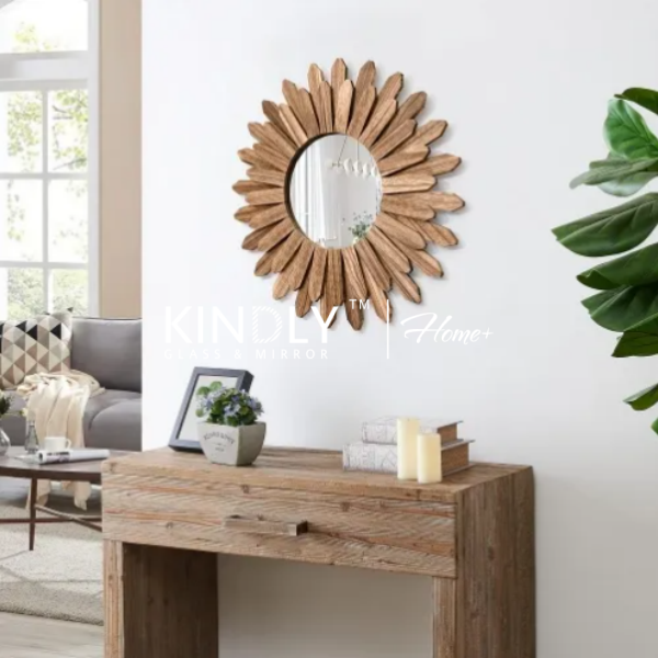 Handcrafted Natural Wood Sunflower Shaped Wall Mirror